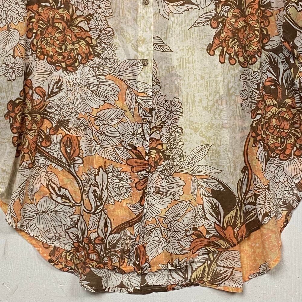 Free People Floral Button-Up Shirt in Orange, Brown, Cream - Picture 2 of 10